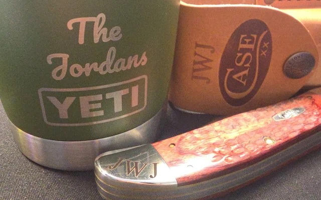 Personal items engraved by LaserLux Lab including drinkware and gifts