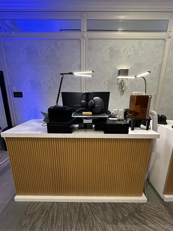 Engraving station with blue accent lighting