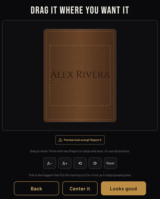 LaserLux Lab guest kiosk on an iPad showing a leather luggage tag preview with the guest name before it is engraved